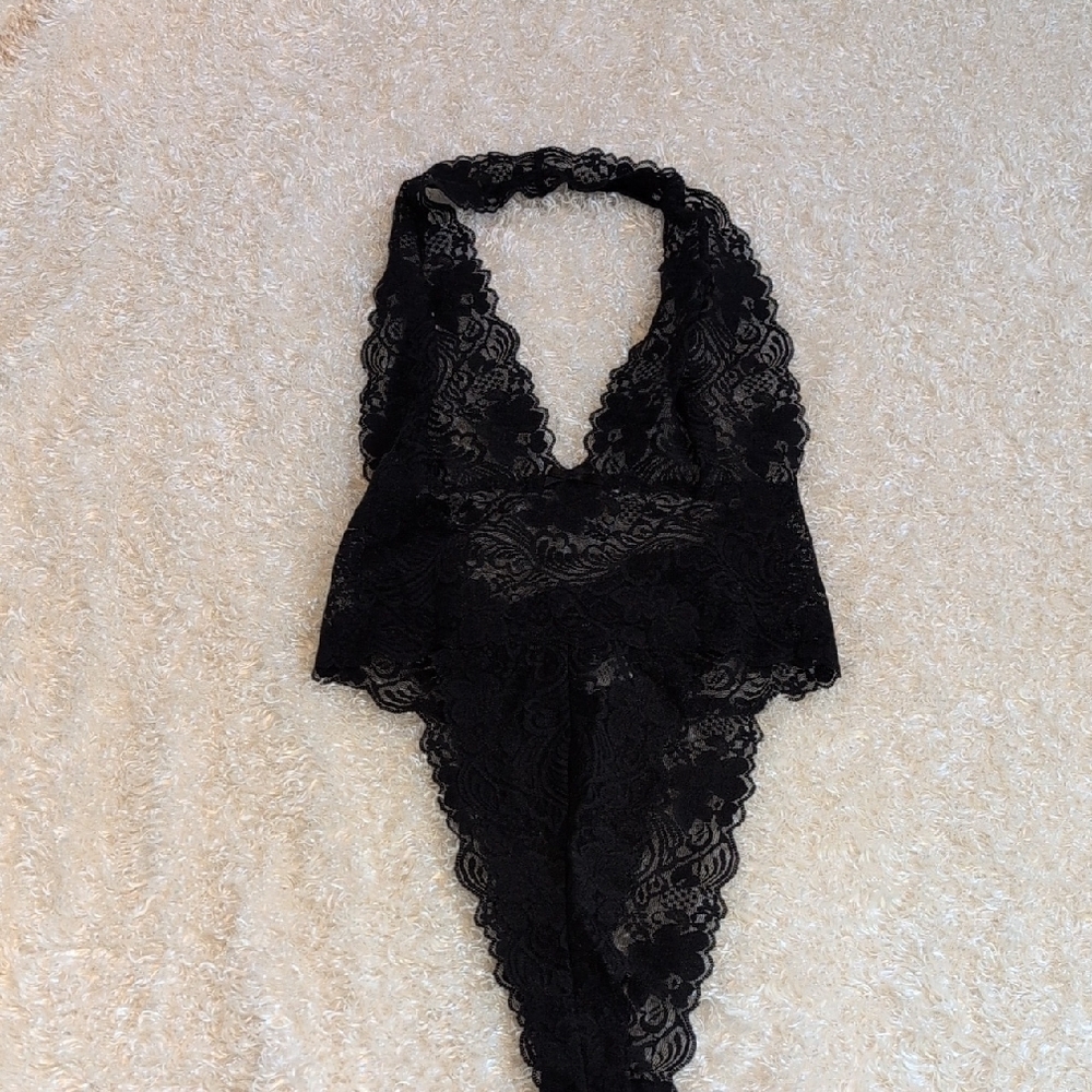 NWT Fredericks of Hollywood Black Lace Halter Bodysuit/ Lingerie Size Lg